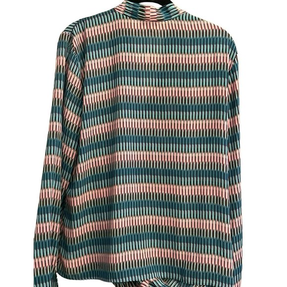 Talbots Women's Geometric V Neck Blouse Size 14 Long Sleeve Snap Closure Pink - Picture 3 of 3